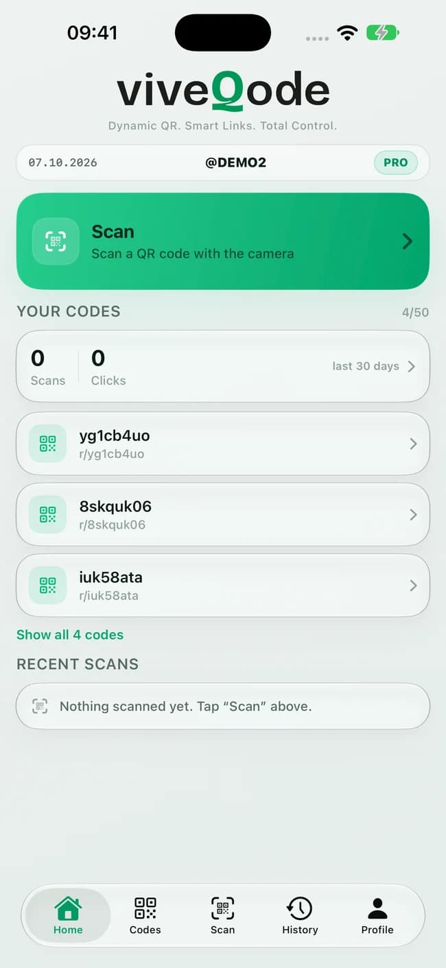 ViveQode iOS app home screen with the code overview