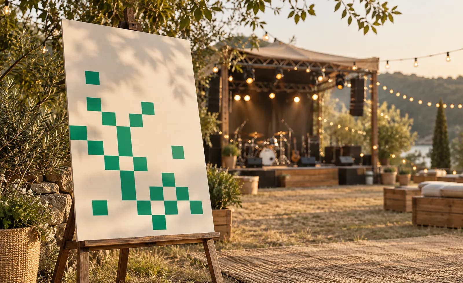Board with an abstract green QR pattern in front of a concert stage