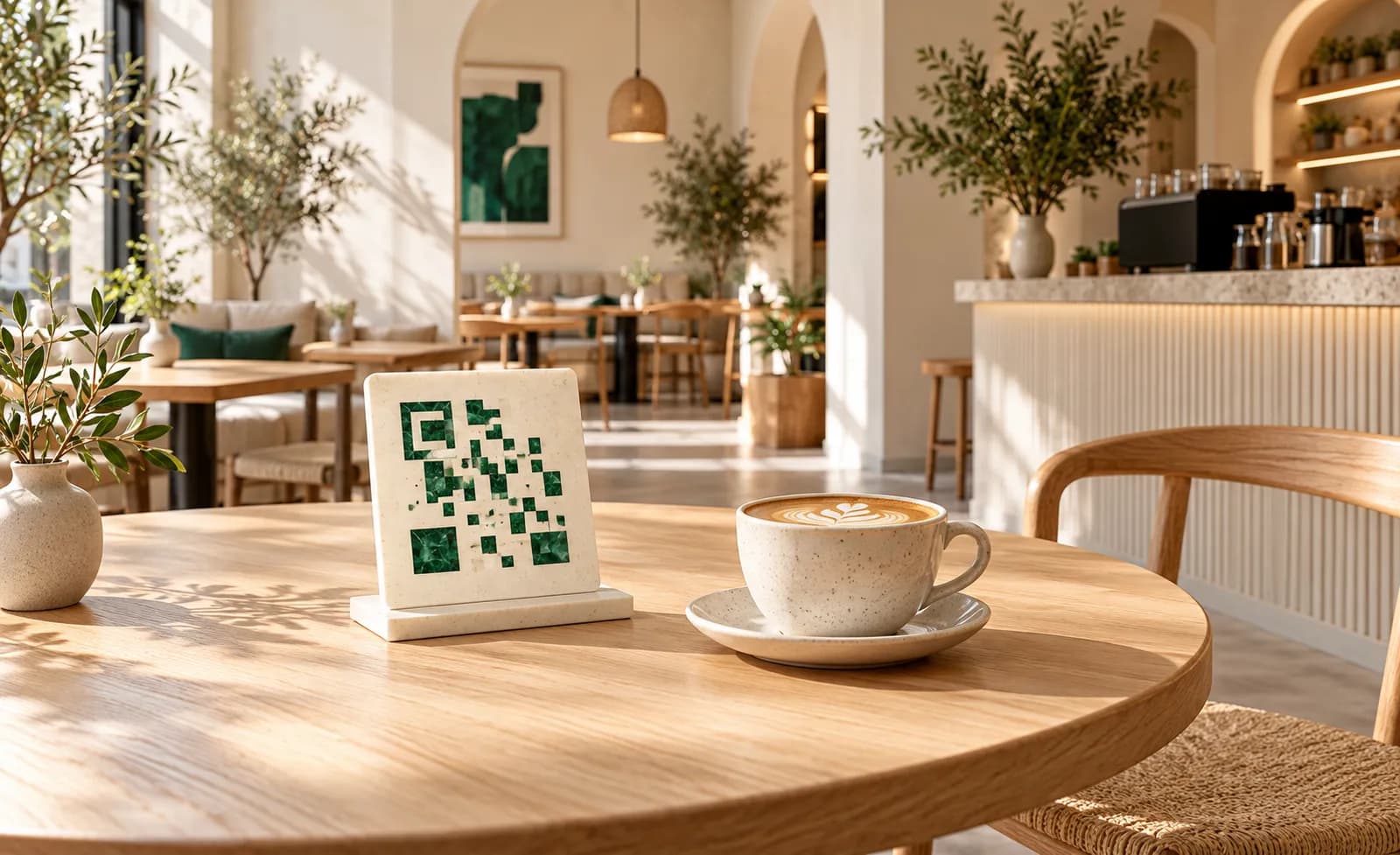 Café with a green QR-pattern table stand beside a cup of coffee