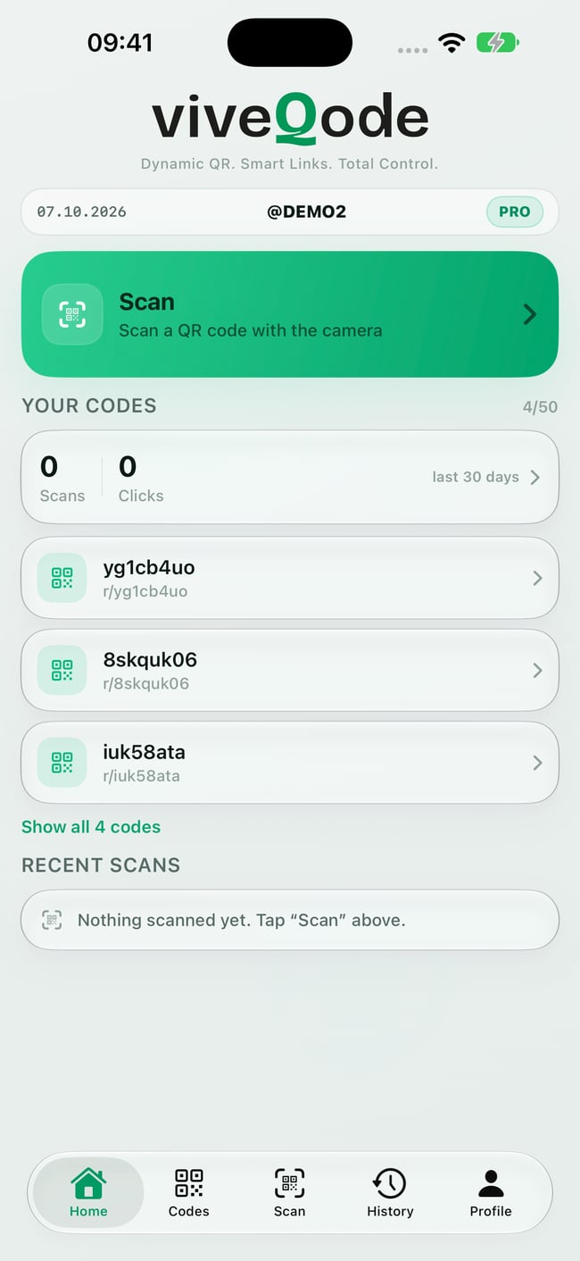 ViveQode app — home screen