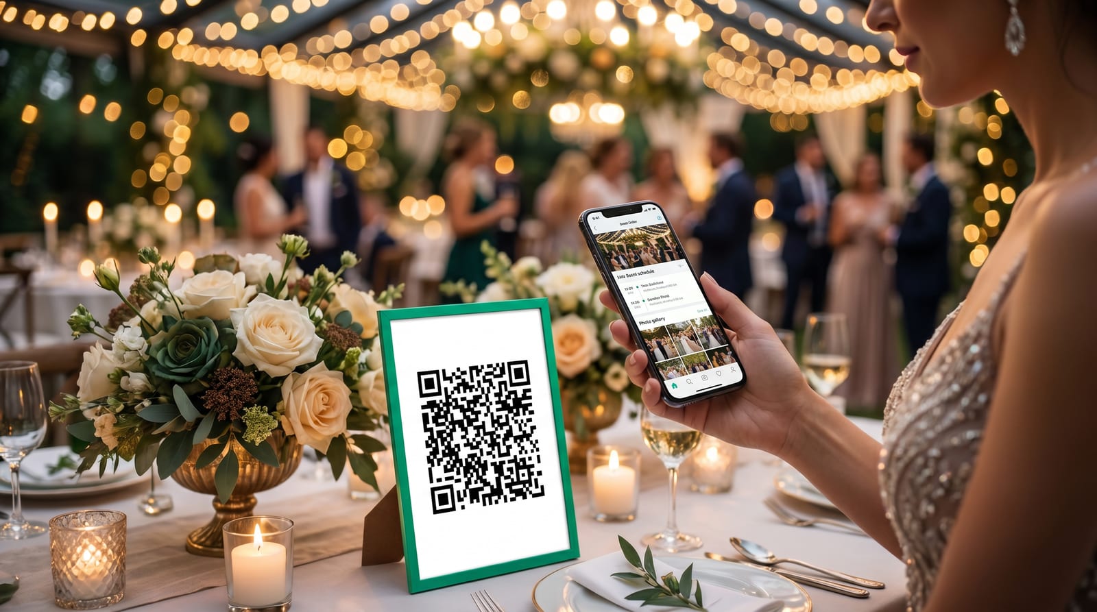 Guest at a wedding reception scans a QR code on a table sign and sees the live event schedule