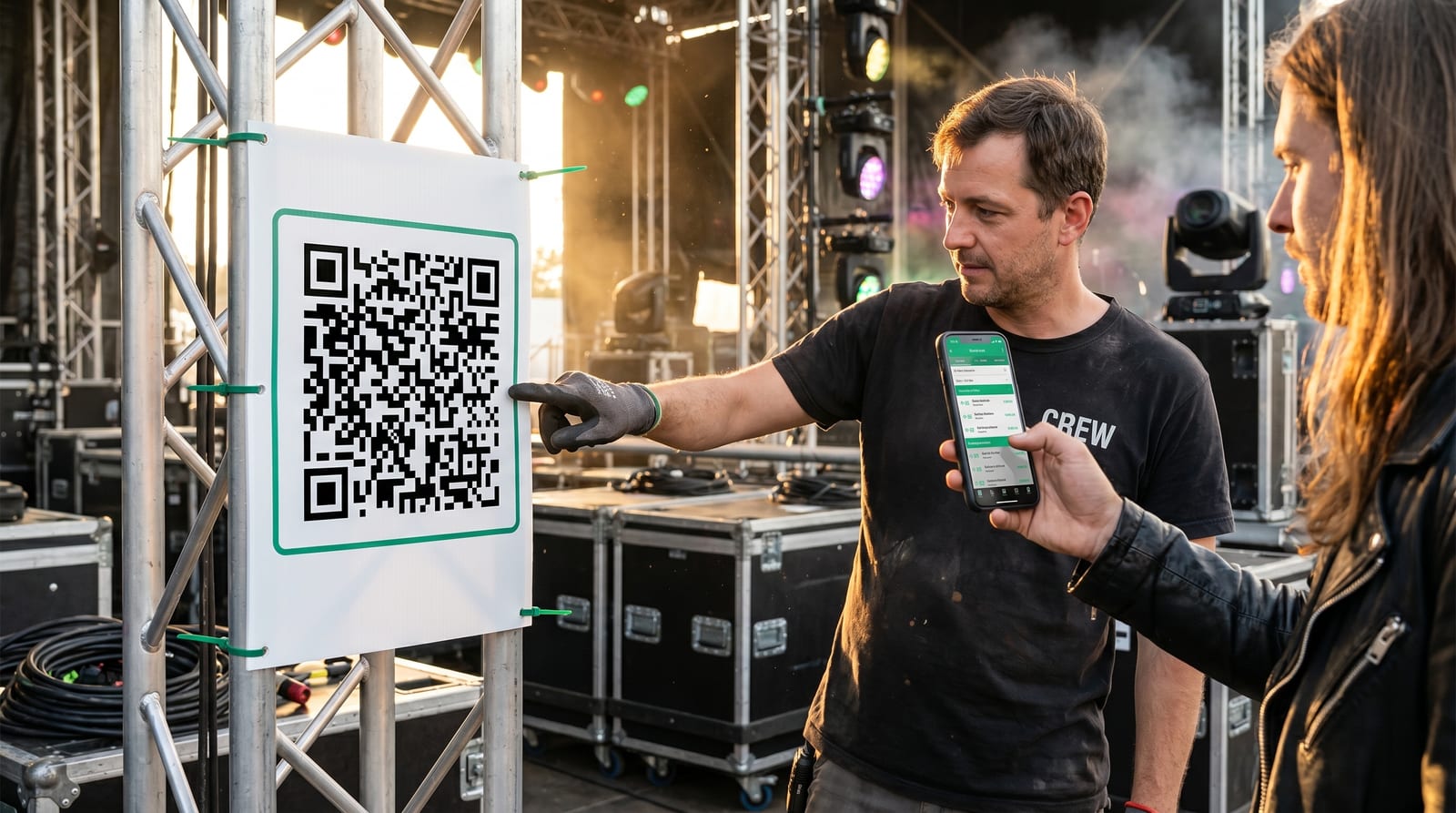 Crew member at the stage scaffolding scans a QR code that links to the always up-to-date running order