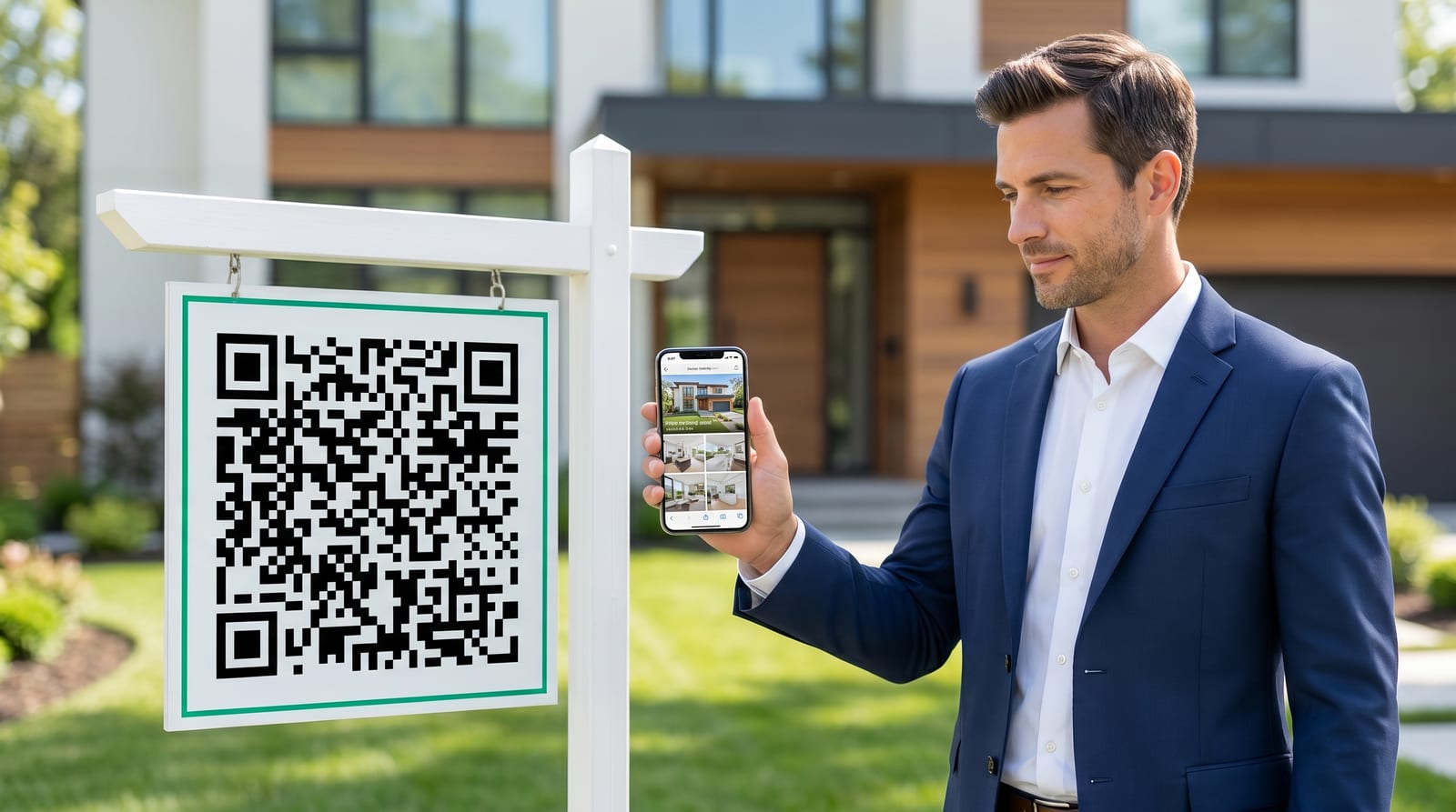Prospective buyer scans a QR code on a real-estate yard sign and sees the live property listing